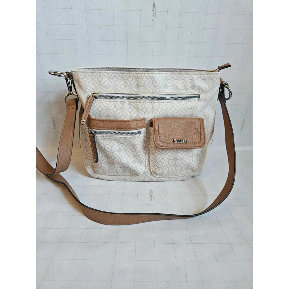 Rosetti Crossbody Bag Tan & White Geometric Print with Faux Leather Trim